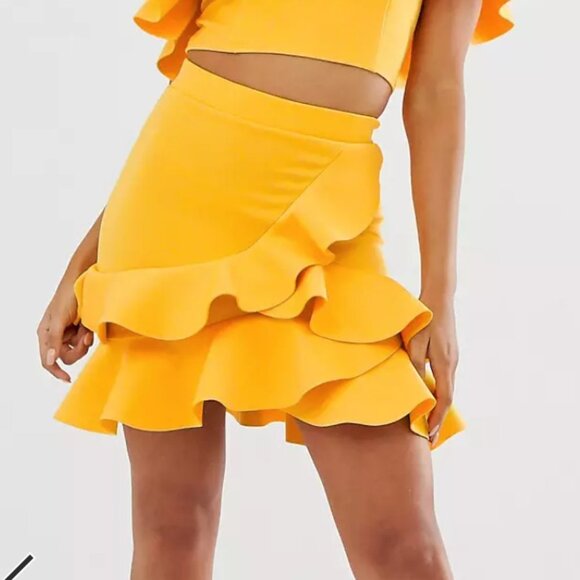 ASOS | Yellow Scuba Tiered Ruffle Mini Skirt Sz 4 - Picture 1 of 6
